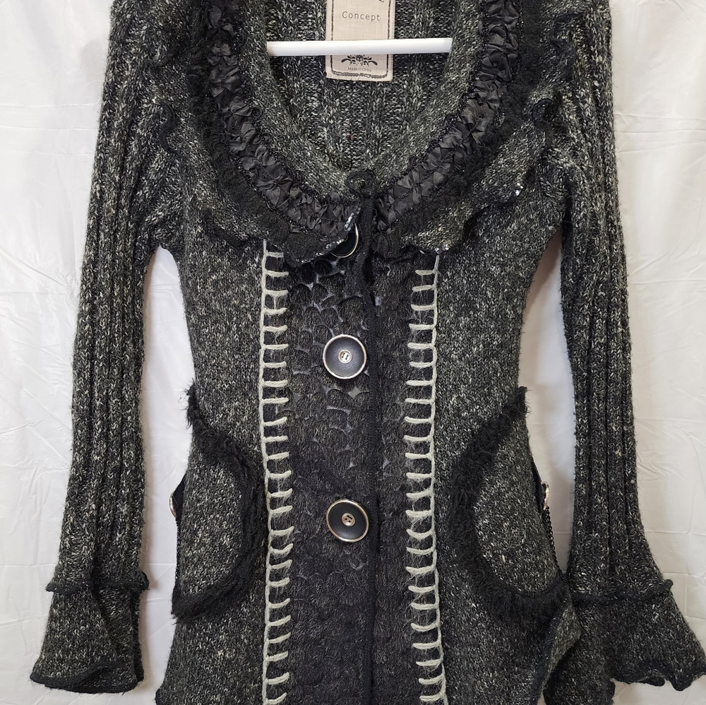 Romantic Knit Cardigan Charcoal Gray Ruffle Trim Vintage Style Button Front Size - Picture 7 of 14